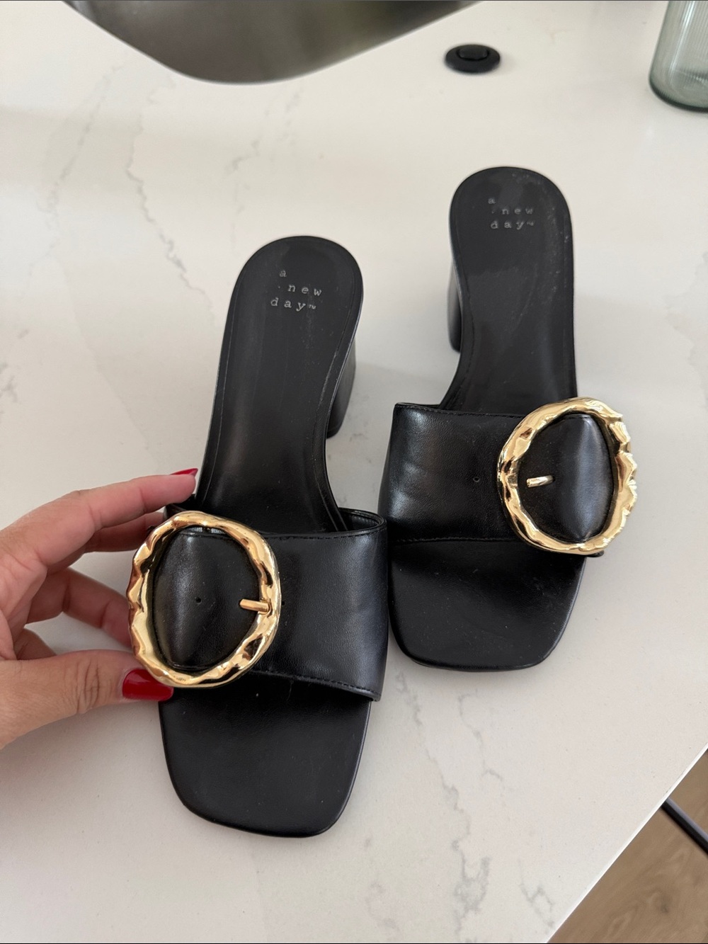 a new day Black Slide Mules with Gold Buckle